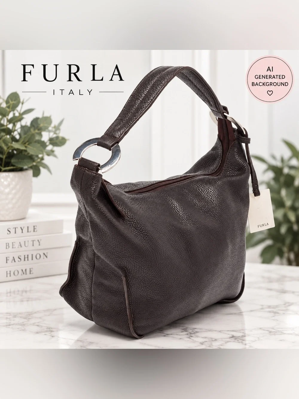 Furla Dark Brown Grained Leather Ring Handle Hobo